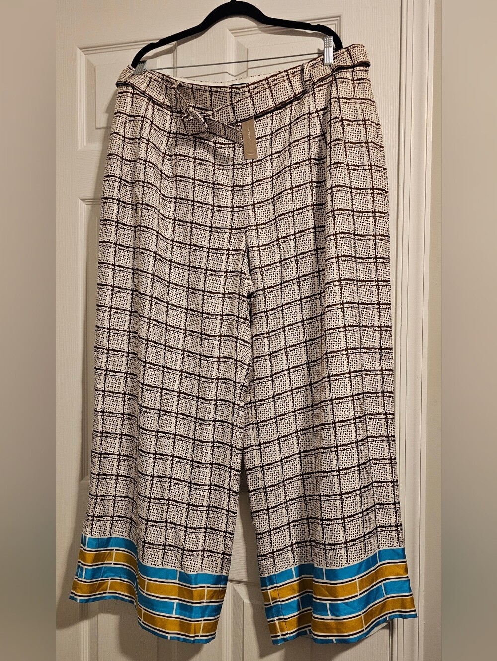 J. Crew NWT Women's Wide-Leg Checked Pants with Striped Hem - White/brown Sz 16